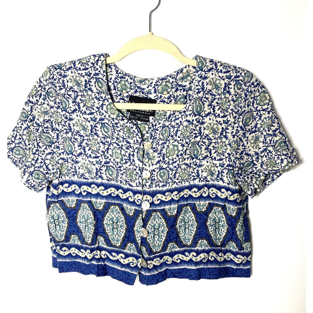 Vintage Ms Choice Floral Cropped Shoulder Pad Button Down 90s Rayon Shirt USA 8